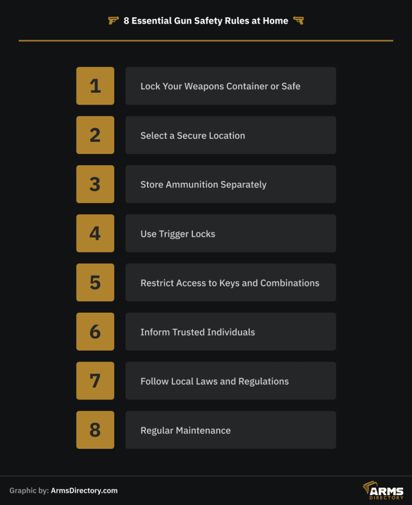 Infographic listing 8 essential gun safety rules for secure weapon storage at home.